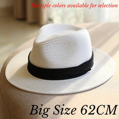 Sombrero de paja panameño de cabeza grande de 63 cm con sombrero tejido de paja plegable, sombrero de copa de jazz de talla grande para hombres, sombrero de protección solar