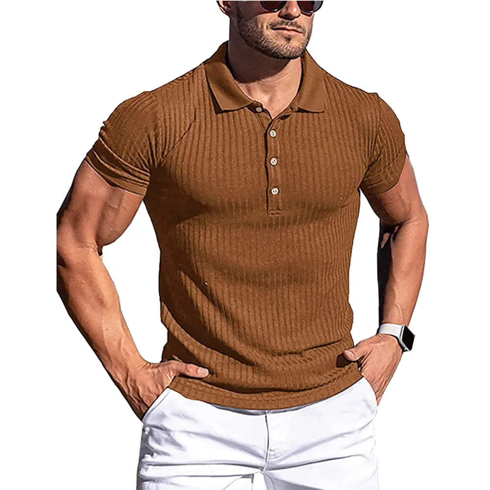 Polo de manga corta para hombre, camisas elásticas de Fitness a rayas sólidas, cuello levantado a la moda, novedad de verano