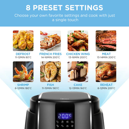 Freidora de aire caliente Midea de 4 l, Airfryer sin aceite de 1500 W, 8 modos de cocción, 35-200 °C, horneado, asado, grill, descongelación, alarma de agitación,