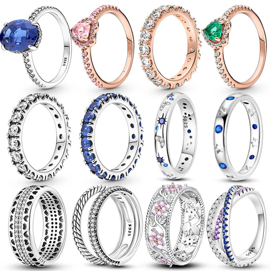 Nuevos anillos para mujer, 100 % plata de ley 925, con forma de estrella y luna, anillos de circonita de colores, joyería fina para bodas, compromisos y cumpleaños