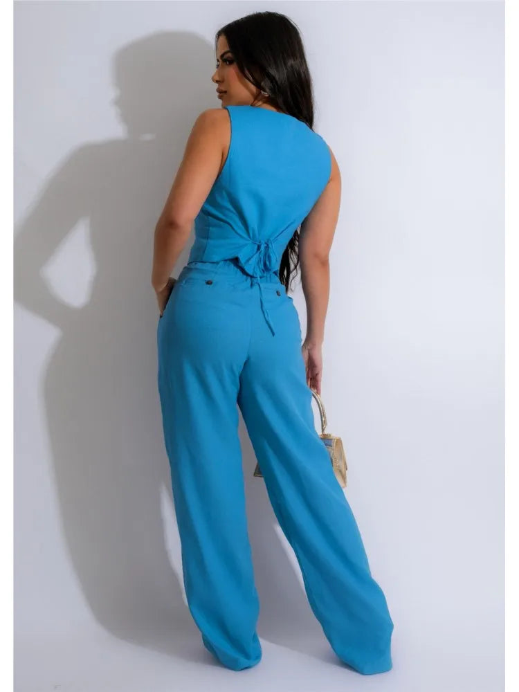 Conjunto de 2 piezas para mujer, chaleco sin mangas y pantalones ajustados, traje de Color liso con cuello en V, Top Ultra corto y pantalones de oficina