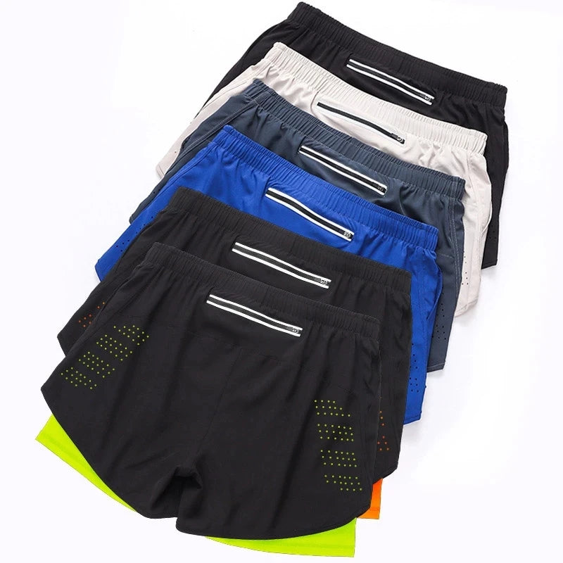 Pantalones cortos para correr para hombre, de secado rápido, de color negro, de doble capa, para entrenamiento deportivo, culturismo