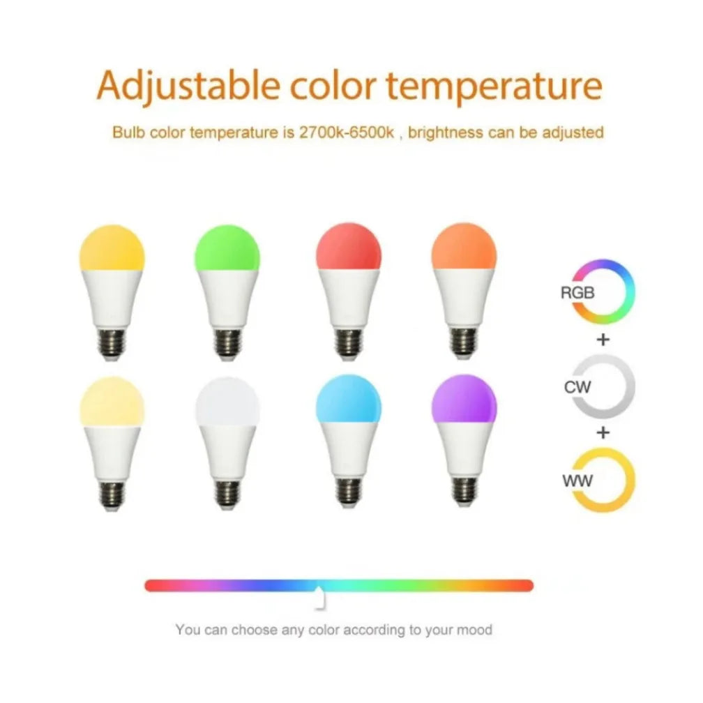 Bombilla LED E27 inalámbrica Bluetooth Smart Tuya APP Control regulable 15W RGB + CW + WW bombilla LED de cambio de Color Compatible con IOS/Android