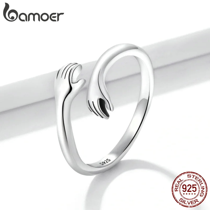 BAMOER Anillo ajustable de plata de ley 925 con abrazos cálidos y amorosos para mujer, joyería de fiesta, anillo His Big Amorous Hugs en 3 colores