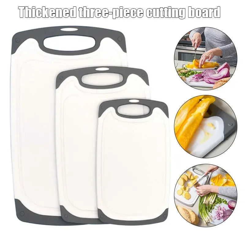 Herramientas de cocina Tabla de cortar de plástico PP Tabla de cortar Juego de tres piezas de verduras y frutas cortadas Tabla de cortar carne FDA Suministros