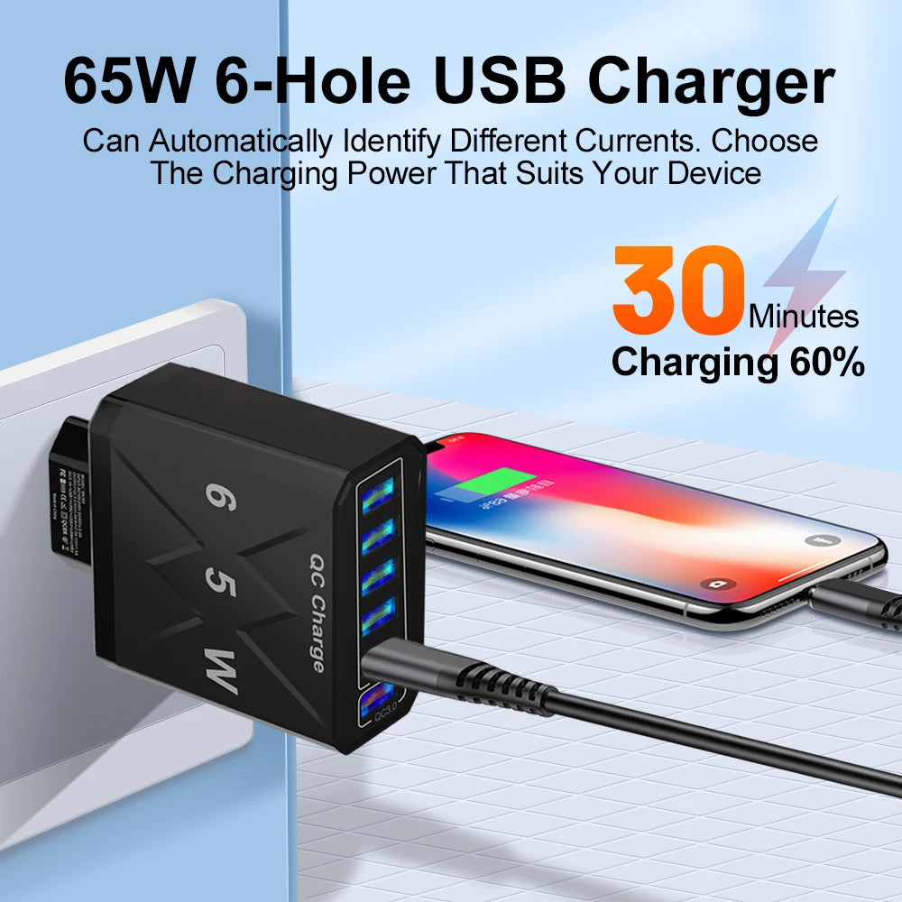 Cargador USB de 6 puertos y 65 W, carga rápida QC3.0, cargador de viaje para iPhone 14, Samsung, Xiaomi, adaptador de teléfono móvil, enchufe UE, KR, EE. UU. y Reino Unido