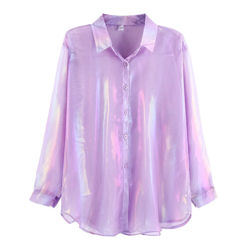 Camisas transparentes para mujer, blusa informal brillante y suelta