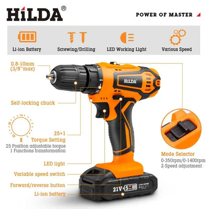 HILDA-Taladro Inalámbrico de 12V, 16,8 V y 21V, destornillador eléctrico, minicontrolador de potencia, CC, batería de iones de litio, herramientas eléctricas