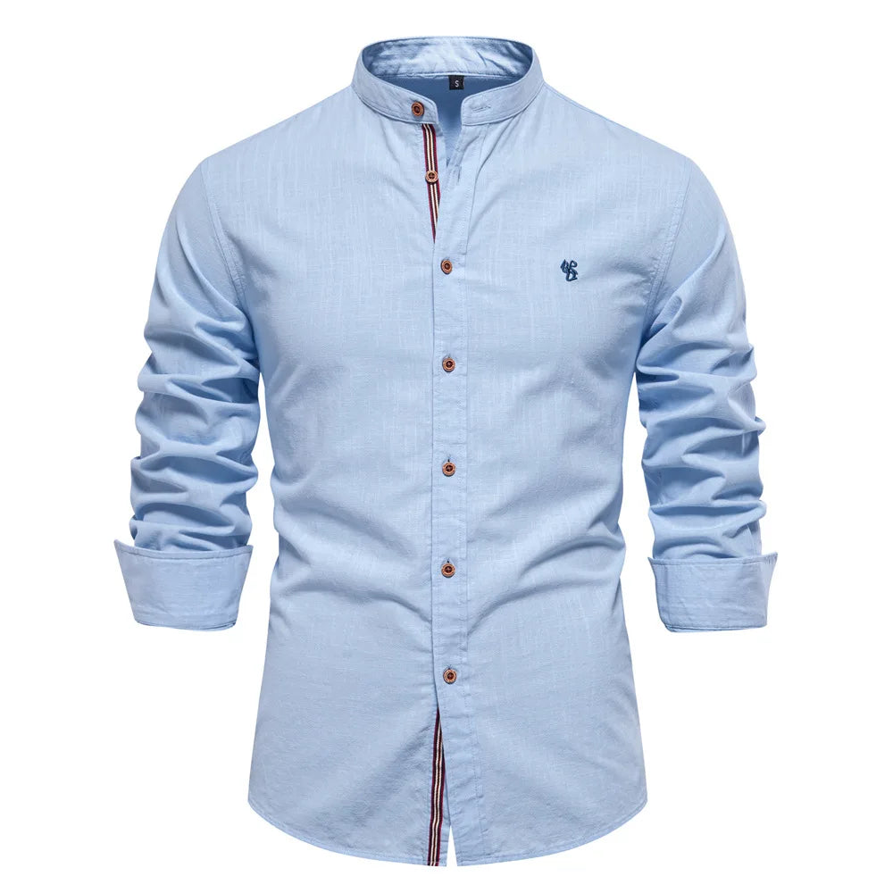 Camisa de lino 100% algodón nueva para hombre, camisas de marca con bordado de color sólido, blusas de alta calidad, blusas casuales de manga larga con botones