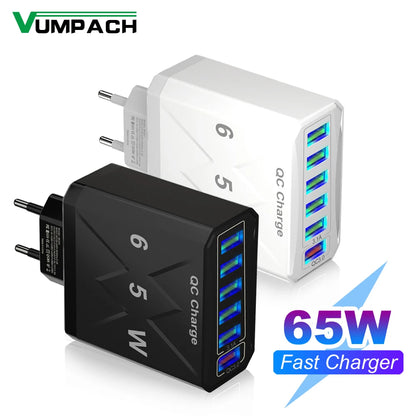 Cargador USB de 6 puertos y 65 W, carga rápida QC3.0, cargador de viaje para iPhone 14, Samsung, Xiaomi, adaptador de teléfono móvil, enchufe UE, KR, EE. UU. y Reino Unido