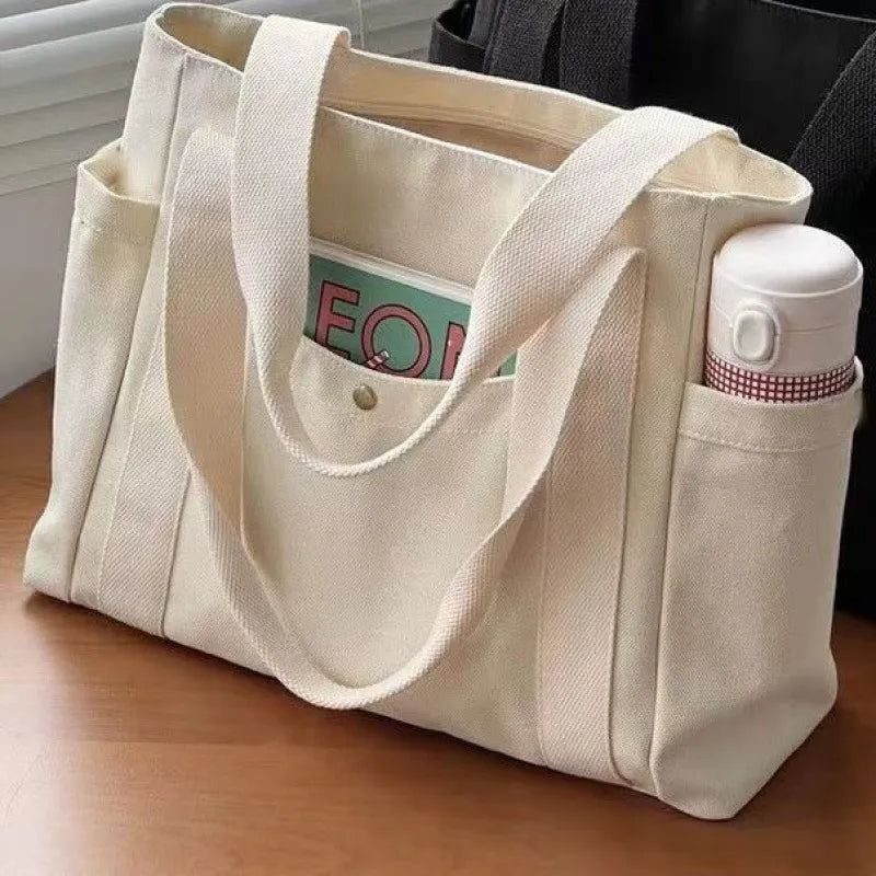 Bolso de mano de lona de gran capacidad con letras sólidas, bolso versátil para ir al trabajo, clase de estudiante, bolso de compras para mujer