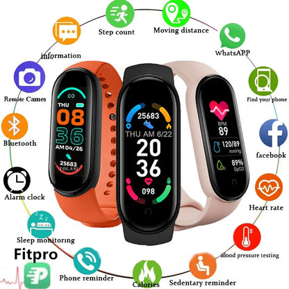 Reloj inteligente M6 para hombre y mujer, pulsera deportiva inteligente para fitness, monitor de frecuencia cardíaca y presión arterial, relojes multifunción a prueba de agua