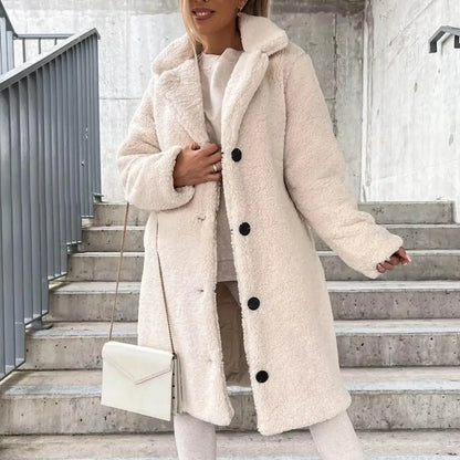 Abrigo de mujer de moda Otoño Invierno Gabardina de mujer Estilo largo Color puro Chaqueta de peluche de un solo pecho a prueba de viento