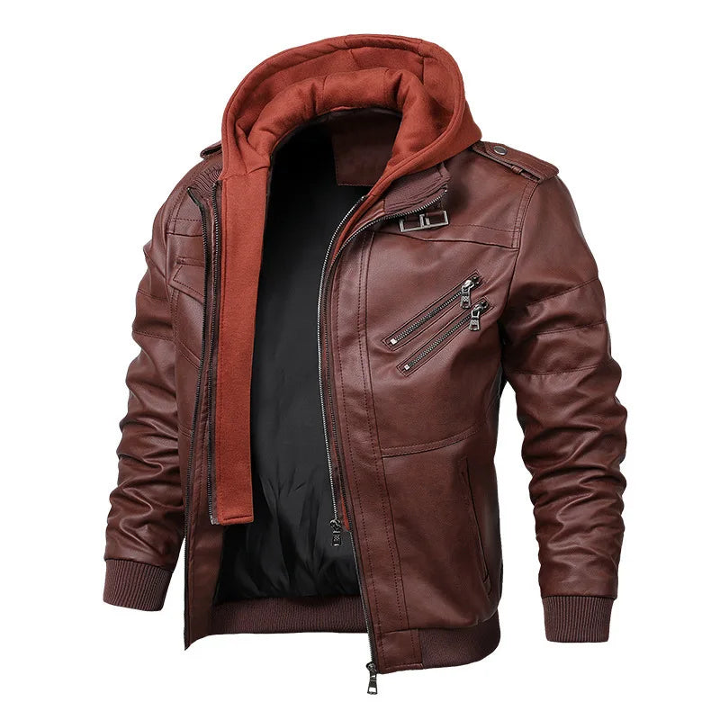 chaquetas de cuero para motocicleta, sombrero desmontable, chaquetas de cuero con capucha para hombre, abrigos de cuero casuales delgados