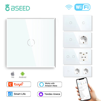 Interruptor de luz de pared BSEED Wifi táctil con enchufe europeo, enchufes USB tipo C, panel de vidrio de control con aplicación Tuya Smart Life, Alexa y Yandex