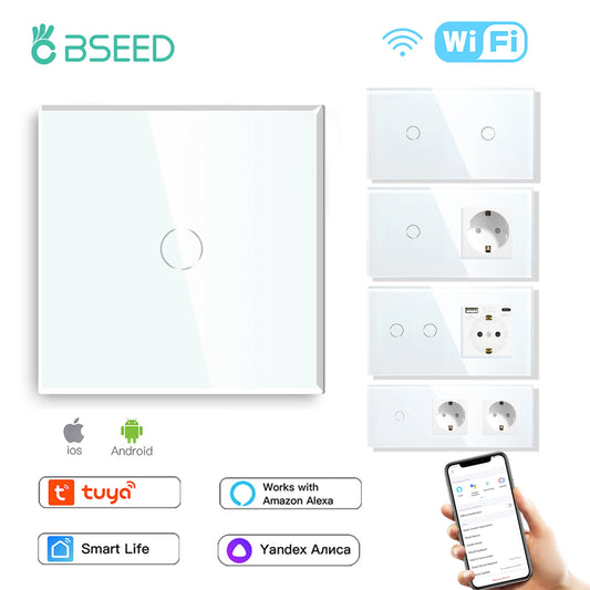 Interruptor de luz de pared BSEED Wifi táctil con enchufe europeo, enchufes USB tipo C, panel de vidrio de control con aplicación Tuya Smart Life, Alexa y Yandex