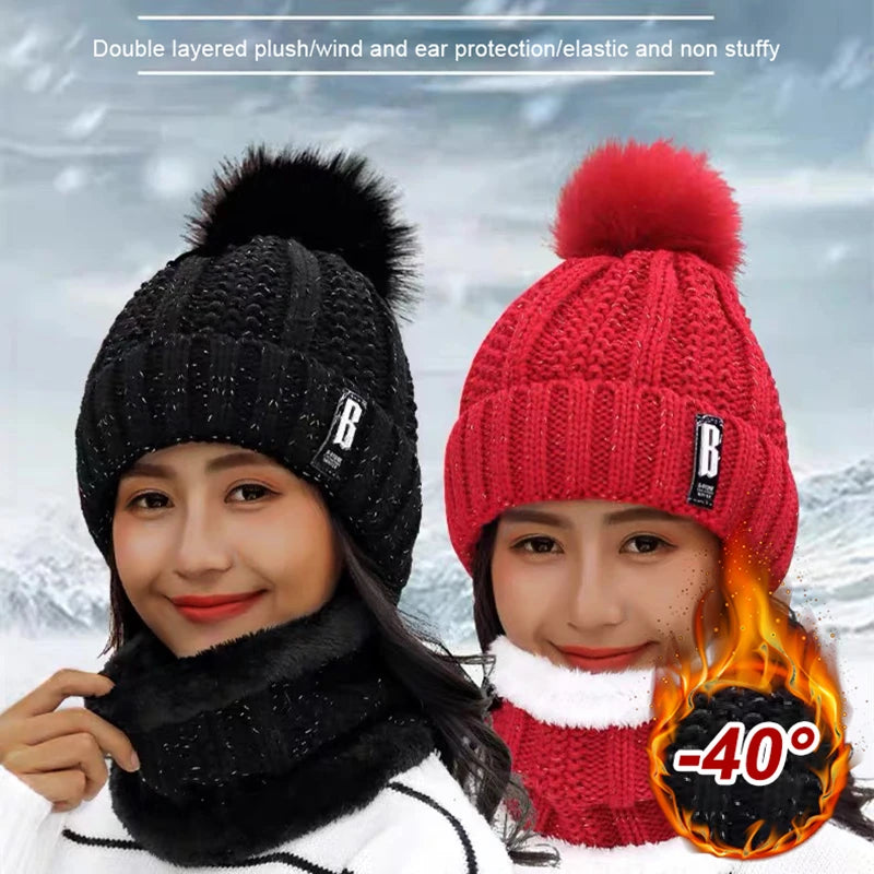 Conjunto de gorro y bufanda de punto para mujer, gorros gruesos y cálidos, gorros sólidos para montar en la nieve al aire libre, gorros de esquí para niña, Invierno