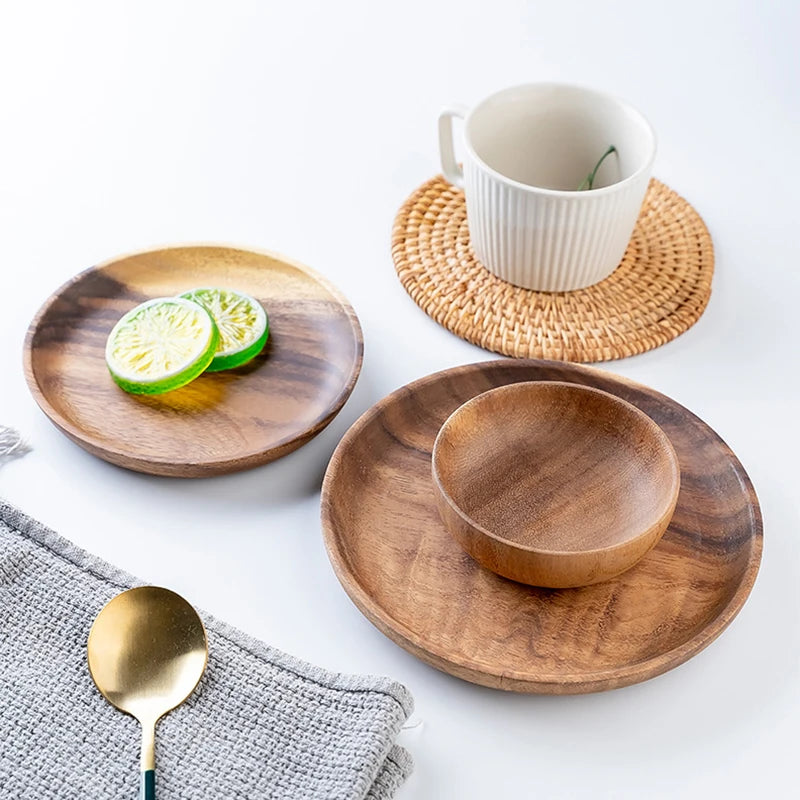 Platos de madera para la cena, bandeja de café redonda para el hogar, platillo de té de madera maciza, estilo japonés, dim sum para comida, platos para bocadillos