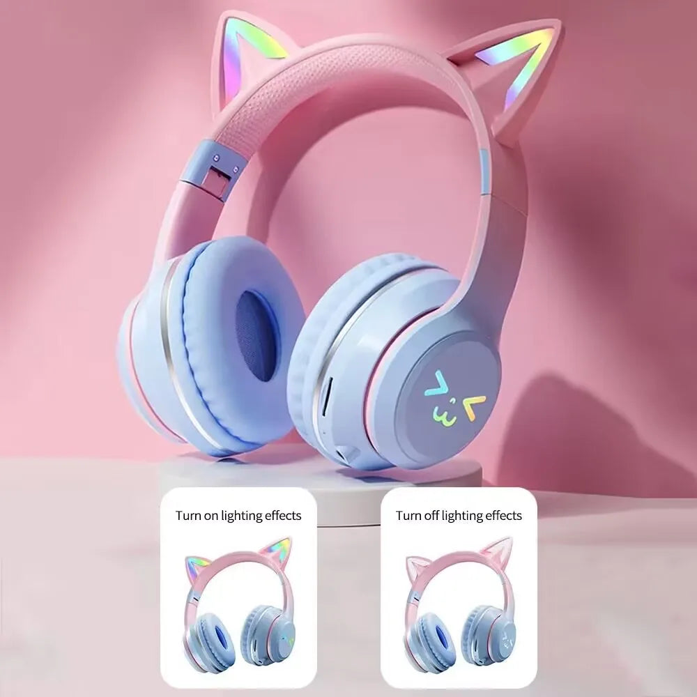 Auriculares portátiles con luz RGB y control por Bluetooth, reducción de ruido con orejas de gato, auriculares inalámbricos con Bluetooth para PC y Gamer