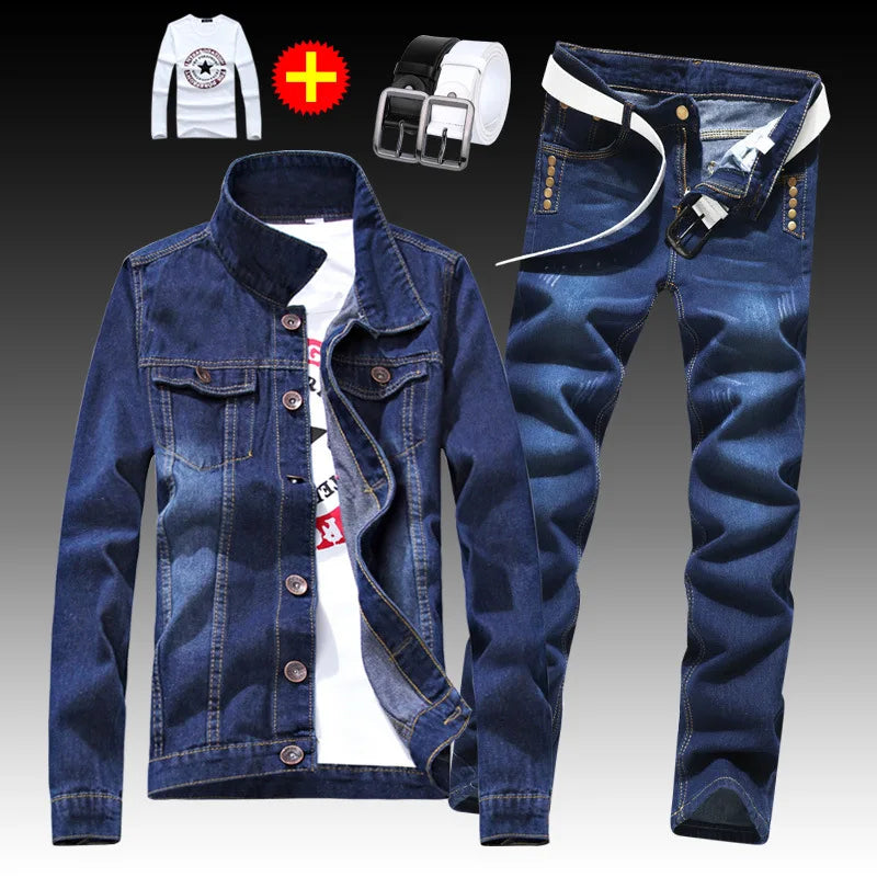 Conjunto de 4 piezas de chaqueta vaquera de estilo hip hop para hombre, abrigo de botonadura sencilla con agujeros, pantalones vaqueros con camisa y cinturón, para primavera y otoño