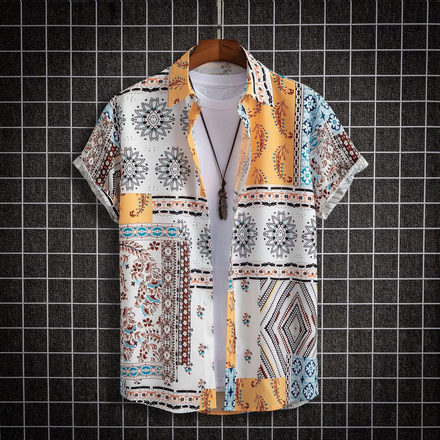 Camisa para hombre, blusa con estampado geométrico de flores a la moda, blusa de playa de un solo pecho, ropa de vacaciones para hombre