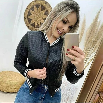 Chaqueta de otoño e invierno para mujer, chaqueta de bombardero acolchada con cuello redondo y costuras con cremallera