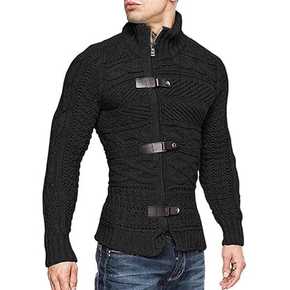 Suéteres para hombre, suéter de cuello alto para otoño e invierno, cárdigan de punto de manga larga con hebilla de cuero para hombre, abrigo de talla grande, ropa para hombre