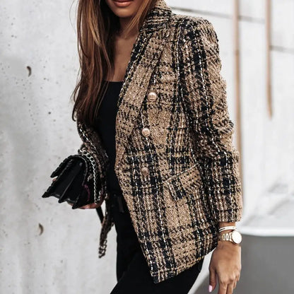 chaquetas blazer de mujer con estampado de cuadros y solapa de manga larga, chaqueta de otoño, cárdigan grueso cruzado, abrigo formal de negocios de invierno para mujer