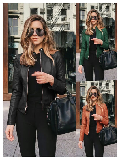 Chaqueta de cuero PU de moda para mujer, abrigo informal ajustado de otoño con cremallera sólida, manga larga, ropa de calle para mujer,