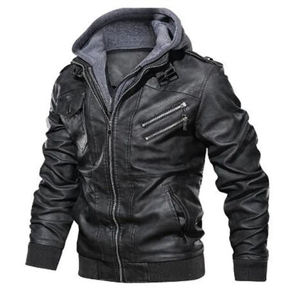 chaquetas de cuero para motocicleta, sombrero desmontable, chaquetas de cuero con capucha para hombre, abrigos de cuero casuales delgados