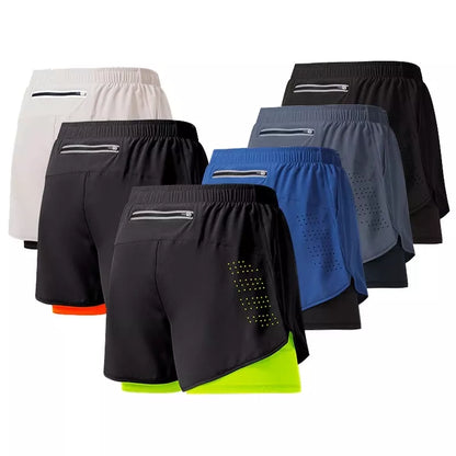 Pantalones cortos para correr para hombre, de secado rápido, de color negro, de doble capa, para entrenamiento deportivo, culturismo