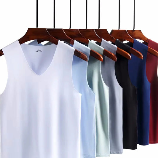 Camiseta interior de seda de hielo de verano para hombre, que no deja marcas, ajustada, deportiva, para fitness, con parte inferior cruzada, sin mangas, transpirable y cómoda