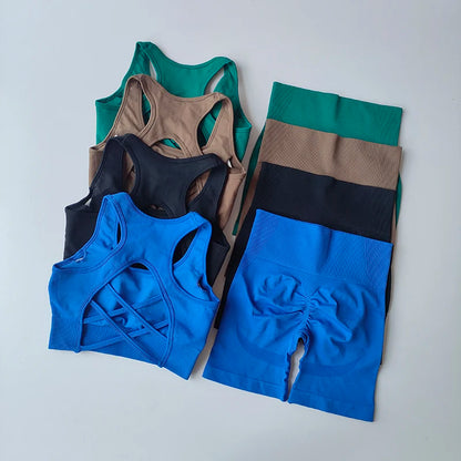 Conjunto de 2 piezas de yoga sin costuras para mujer, sujetador deportivo sexy + pantalones cortos deportivos de cintura alta, ropa de gimnasio, pantalones cortos sin mangas para fitness