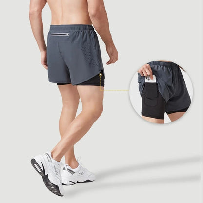 Pantalones cortos para correr para hombre, de secado rápido, de color negro, de doble capa, para entrenamiento deportivo, culturismo