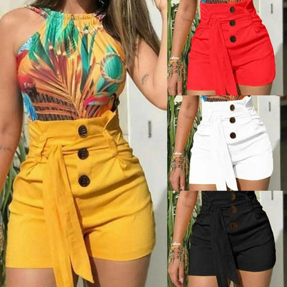 Pantalones cortos ajustados de cintura alta para mujer, informales, de verano, color negro, rojo, blanco y amarillo, con diseño de cinturón