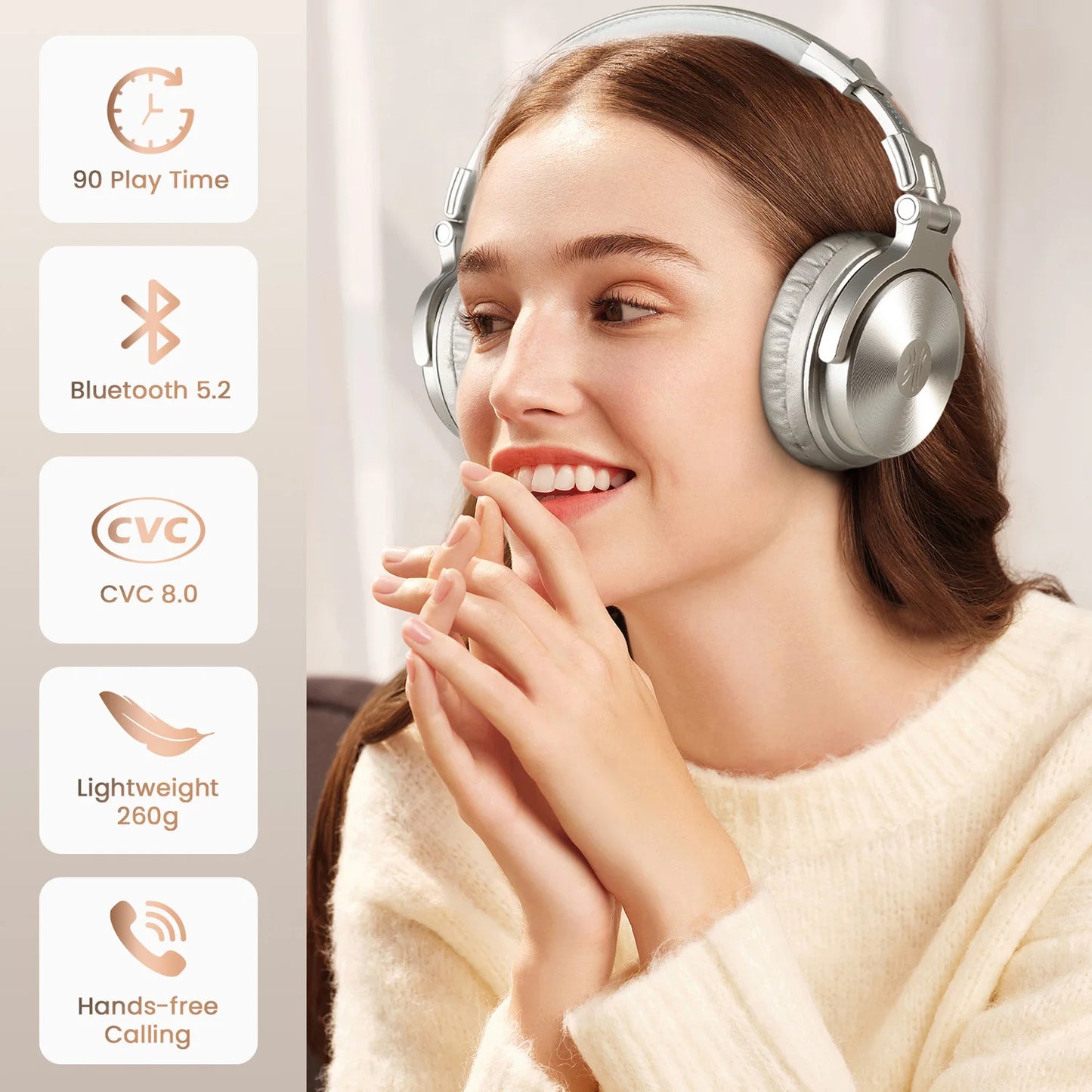 Auriculares inalámbricos Oneodio Bluetooth 5.2 con micrófono, auriculares plegables supraaurales de 90 horas de duración para teléfono móvil, PC y deportes