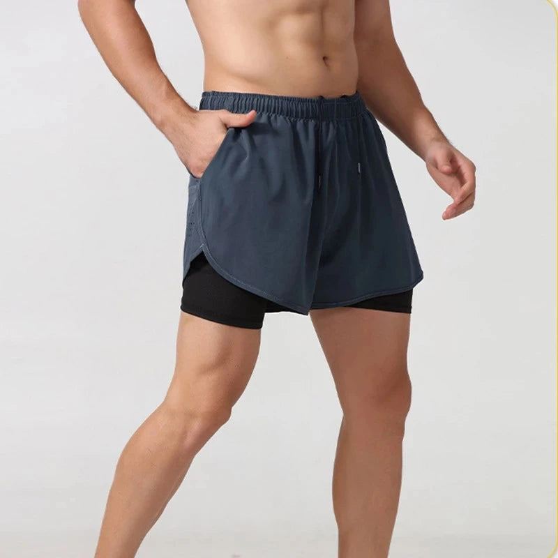 Pantalones cortos para correr para hombre, de secado rápido, de color negro, de doble capa, para entrenamiento deportivo, culturismo