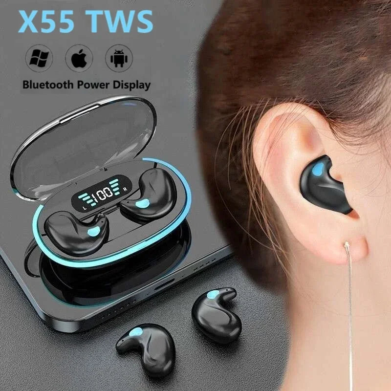 Auriculares inalámbricos X55 para dormir, miniauriculares para el trabajo, TWS, Bluetooth, estéreo, ocultos, con micrófono, llamadas HD, resistentes al agua