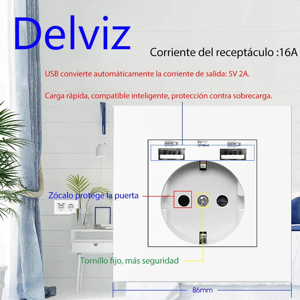 Toma de corriente USB de pared Delviz, muchos paneles de estilo nuevo, toma de corriente para dormitorio, CA 110 V-250 V 16 A empotrada en la pared, toma de corriente estándar de la UE con doble USB