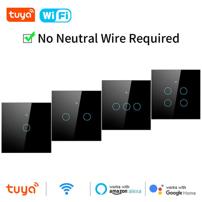 Interruptor de luz táctil inteligente Tuya Wifi para EE. UU./UE, interruptor de luz LED remoto inalámbrico, no requiere cable neutro, 1-4 entradas, Alexa y Google Home