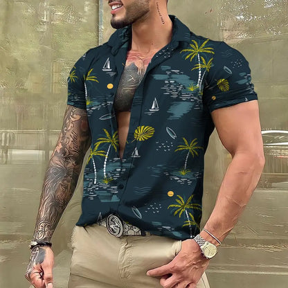 Camisas de cocoteros  para hombre, camisa con estampado 3D para hombre, camisetas de playa de manga corta  blusa de moda para hombre, camisa