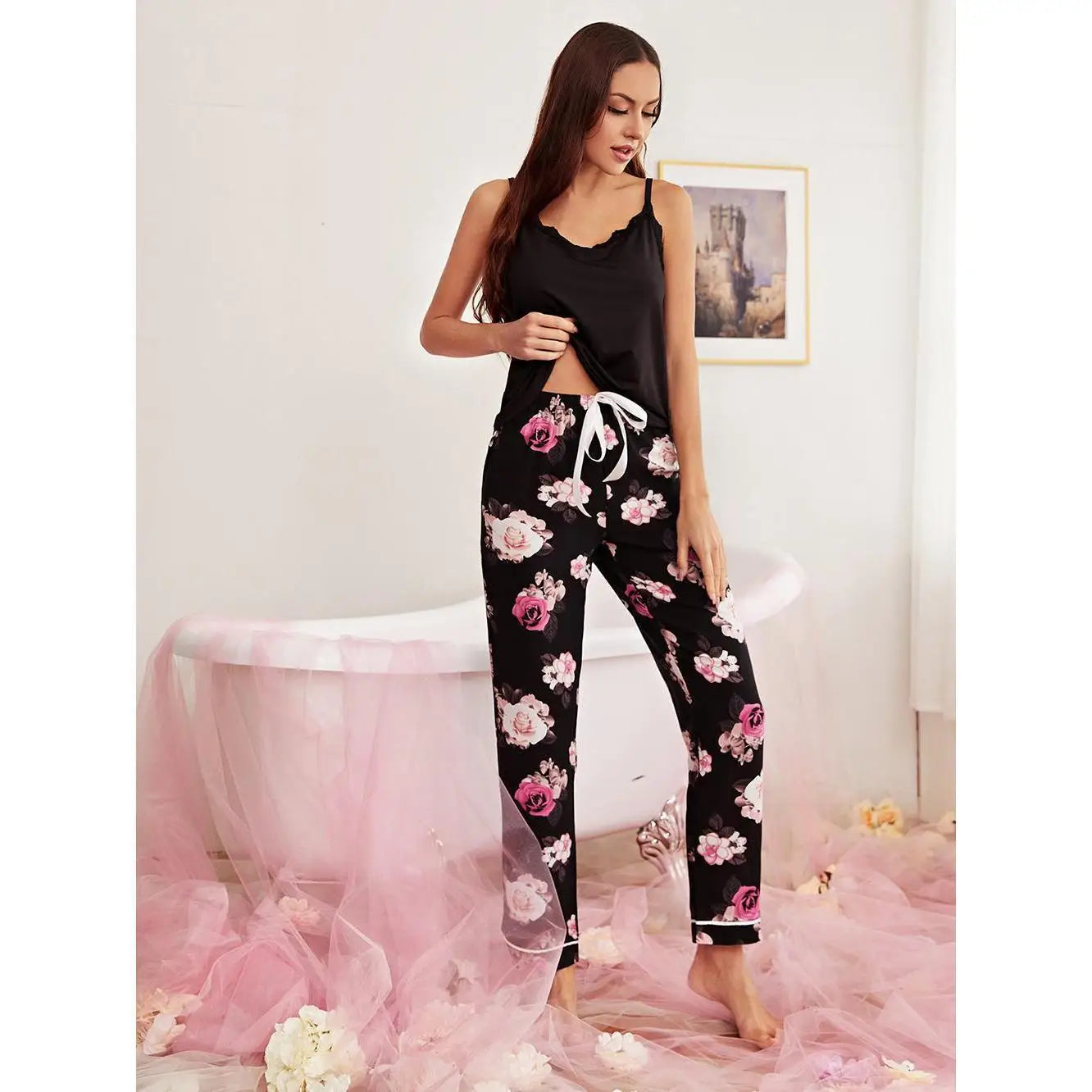 Conjunto de pijama sexy para mujer, camisola negra, ropa de dormir femenina