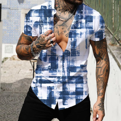 camisa hawaiana de moda para hombre, ropa de calle de manga corta con estampado 3D de rayas y retazos, ropa de playa para hombre