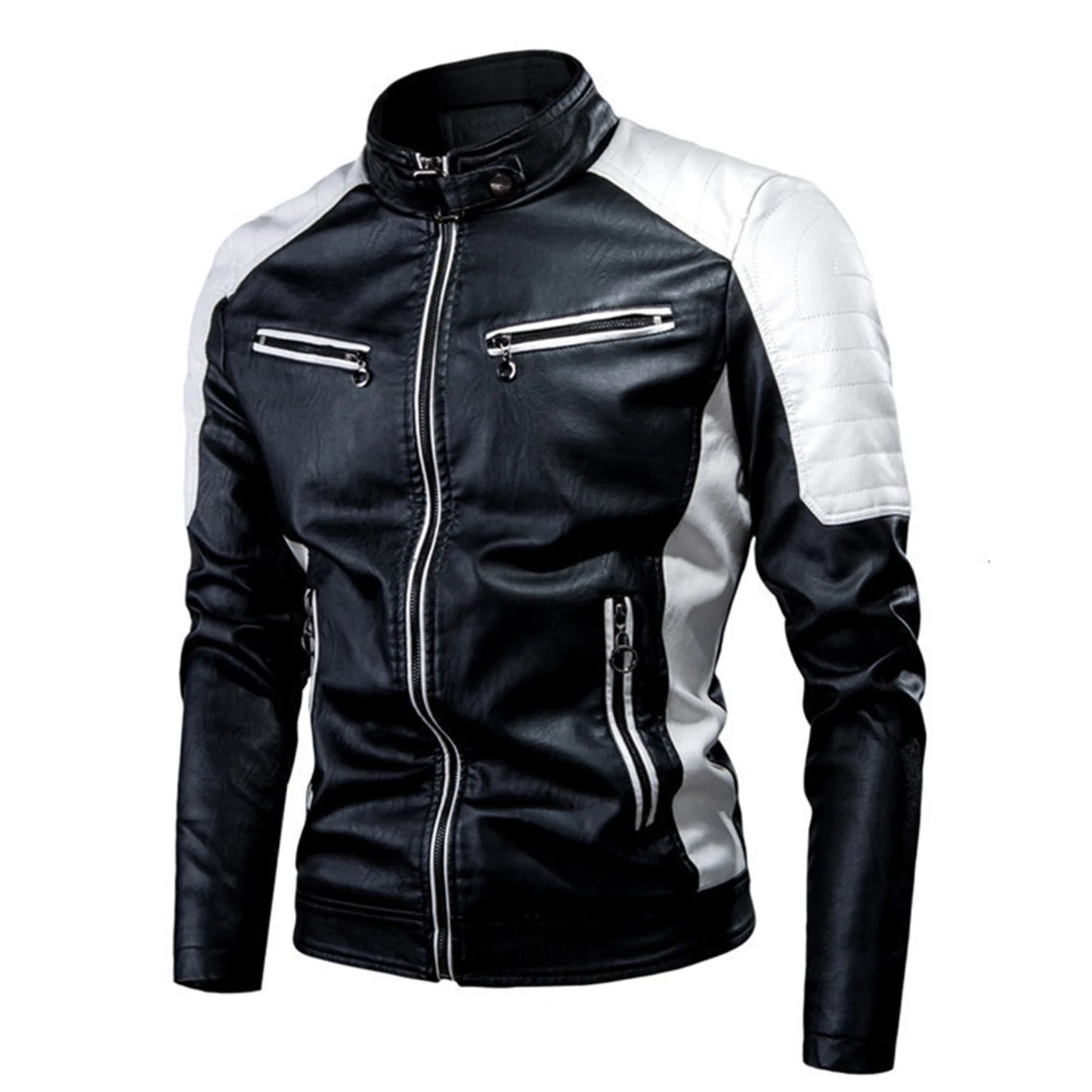 Chaqueta de motociclista con elegantes colores en contraste, abrigo clásico de motociclista, chaqueta de béisbol para hombre, estilo  con parches