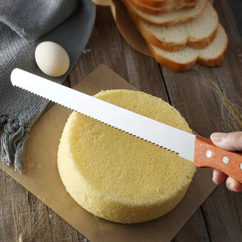 Cuchillo de acero inoxidable Zackoo para pan con mango de madera, cortador de pan con corte dentado para tartas, sándwiches, tostadas, sierra de dientes finos, herramientas para hornear