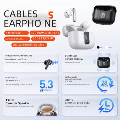 Auriculares inalámbricos QERE E50, TWS Bluetooth 5.3, micrófono HD, auriculares HIFI, controlador de 13 mm, baja latencia de 60 ms, 4 micrófonos, llamada ENC, nuevo