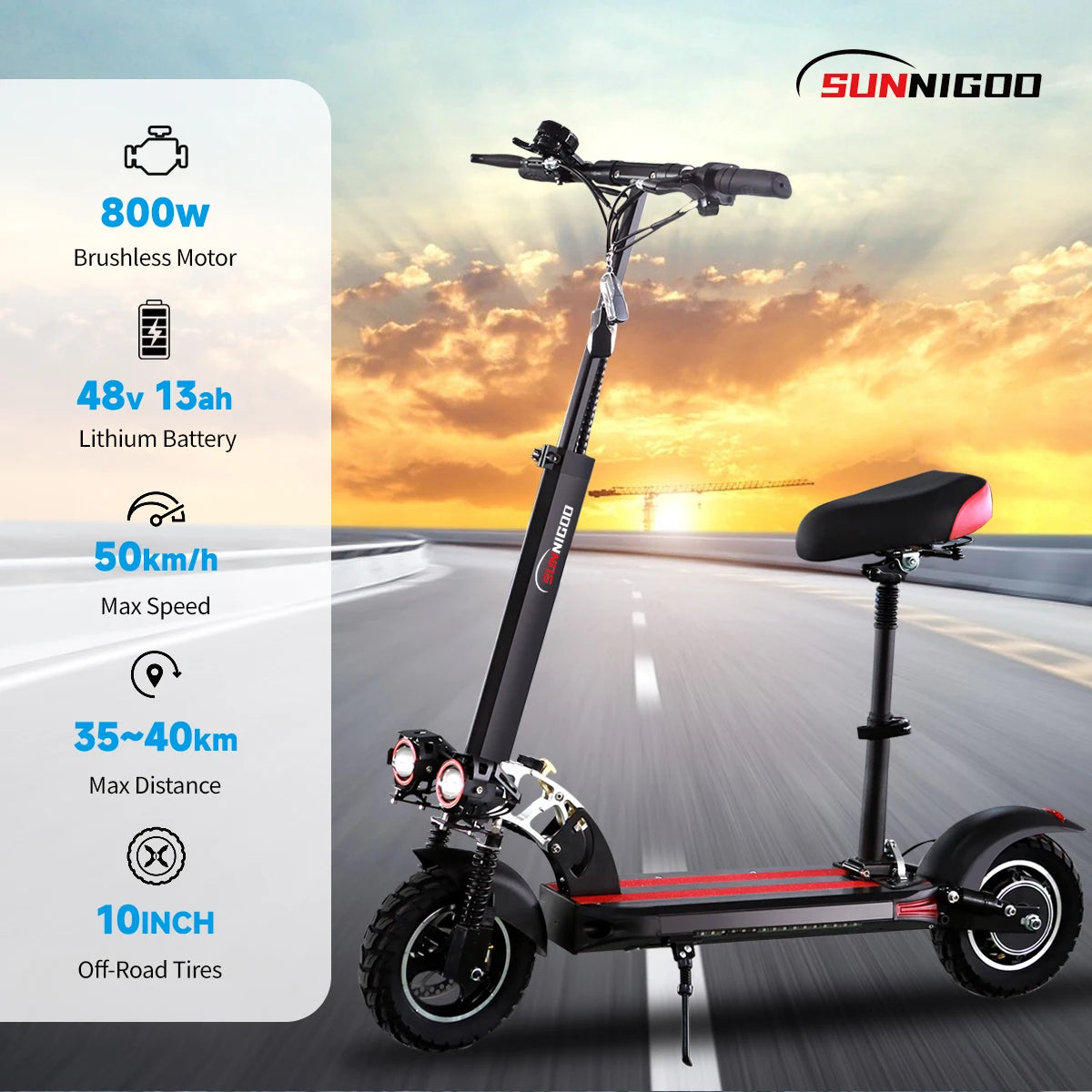 Patinete eléctrico potente de 800 W, 48 V, 15 Ah, velocidad máxima de 50 km/h, alcance de 50 km, neumáticos de 10 pulgadas, doble absorción de impactos, patinete eléctrico plegable para adultos