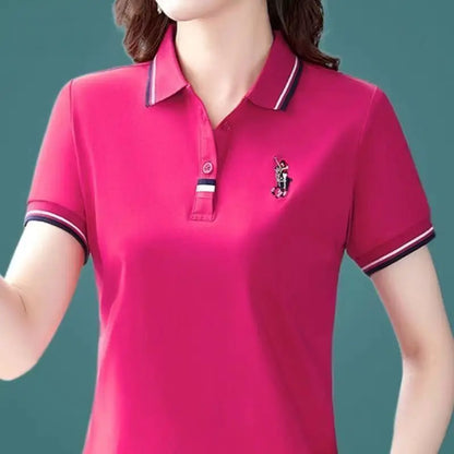 Camiseta de manga corta para mujer de mediana edad, Polo holgado con solapa y bordado en contraste