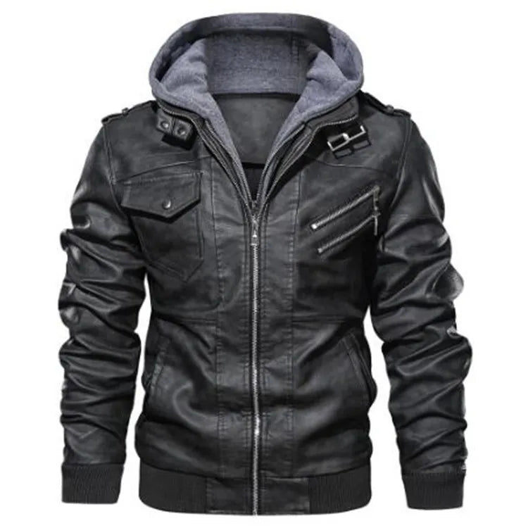 chaquetas de cuero para motocicleta, sombrero desmontable, chaquetas de cuero con capucha para hombre, abrigos de cuero casuales delgados