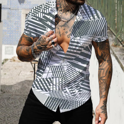 camisa hawaiana de moda para hombre, ropa de calle de manga corta con estampado 3D de rayas y retazos, ropa de playa para hombre